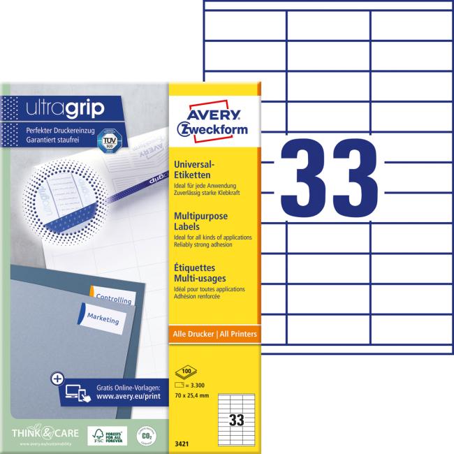 Universal labels 70x25.4mm Avery A4 100 sheets