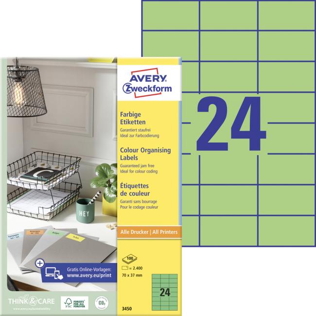 Farebné etikety 70x37mm Avery A4 100 listov zelené