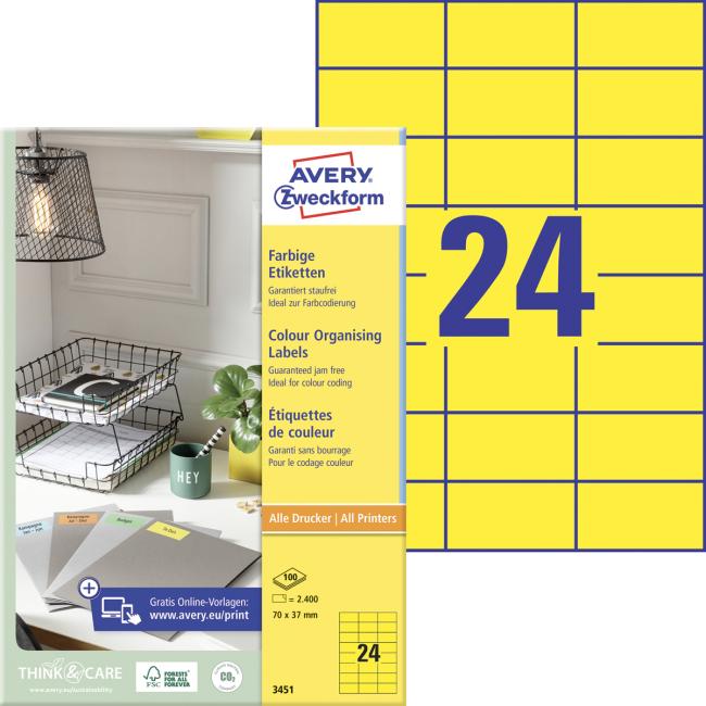 Farebné etikety 70x37mm Avery A4 100 listov žlté