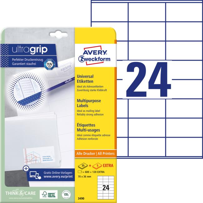 Universal labels 70x36mm Avery A4 25+5 sheets