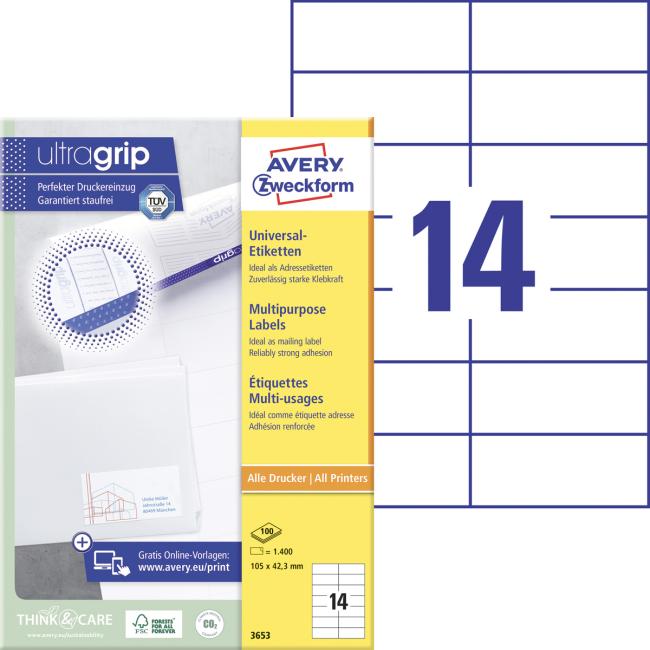 Universal labels 105x42.3mm Avery A4 100 sheets