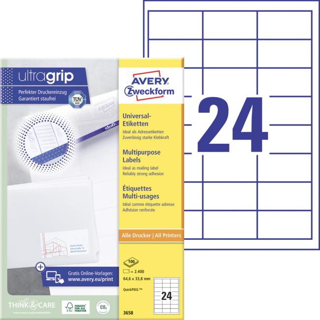 Univerzálne etikety 64,6x33,8mm Avery A4 100 listov