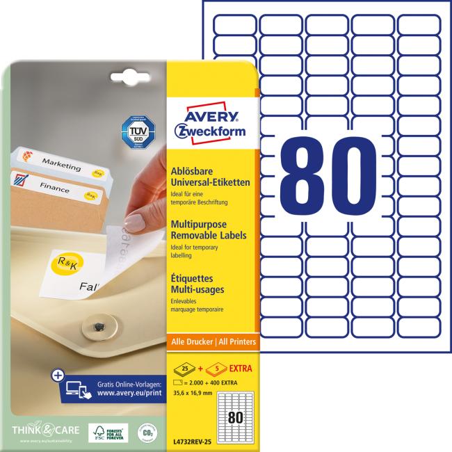 Universal removable labels 35.6x16.9mm Avery A4 25+5 sheets
