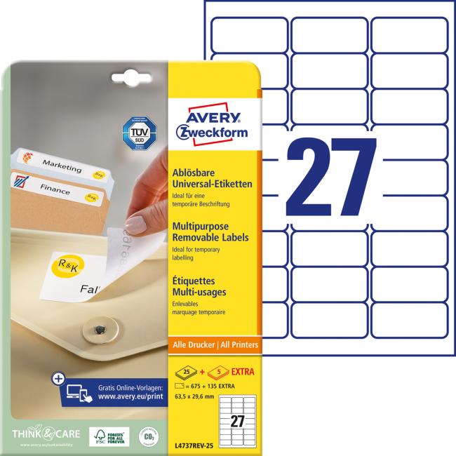 Univerzálne odnímateľné etikety 63,5x29,6mm Avery A4 25+5 listov