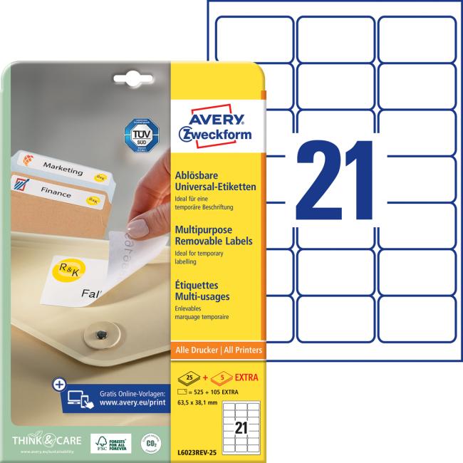 Univerzálne odnímateľné etikety 63,5x38,1mm Avery A4 25+5 listov