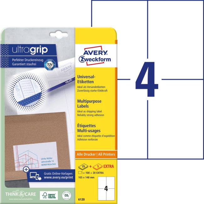 Universal labels 105x148mm Avery A4 25+5 sheets