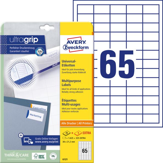 Universal labels 38x21.2mm Avery A4 25+5 sheets
