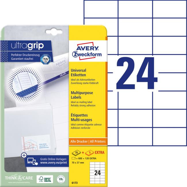 Universal labels 70x37mm Avery A4 25+5 sheets