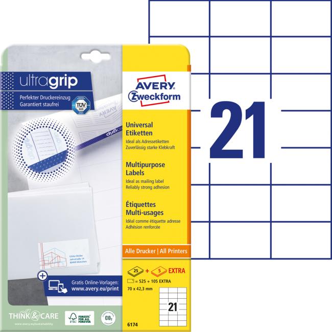 Universal labels 70x42.3mm Avery A4 25+5 sheets