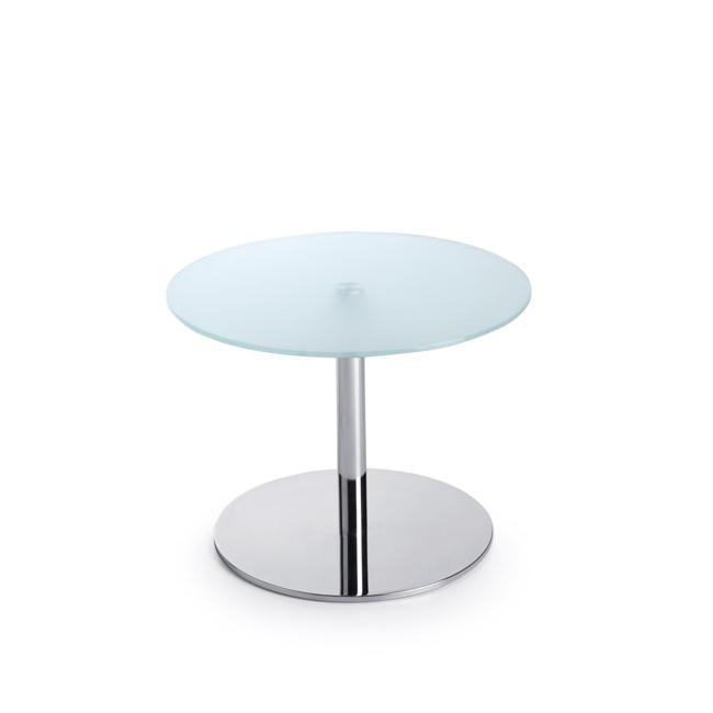 Conference table SR 40, p. 60 cm, h. 45 cm, tempered milk glass, chrome metal base