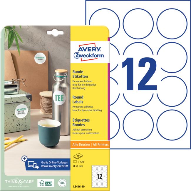 [AV341610] Labels universal round 60mm Avery A4 10 sheets