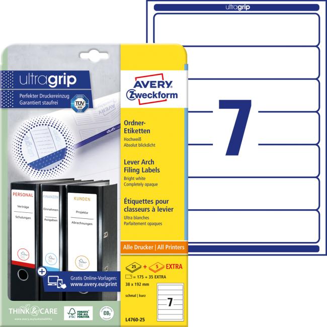 [AV476025] Universal labels for binders 38 x 192 mm Avery A4 25+5 sheets