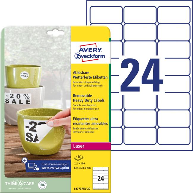 [AV477321] Very durable polyester labels 63.5x33.9mm Avery A4 white removable 20 sheets