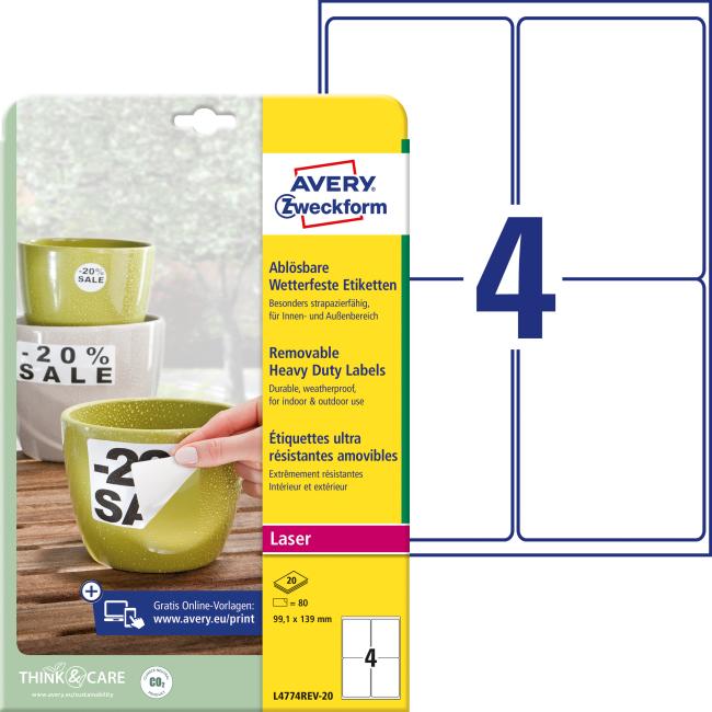 [AV477421] Very durable polyester labels 99.1x139mm Avery A4 white removable 20 sheets