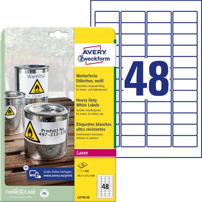 [AV477820] Very durable polyester labels 45.7x21.2mm Avery A4 white 20 sheets