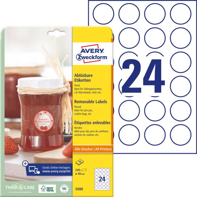 [AV508010] Round labels 40mm Avery 10 sheets white