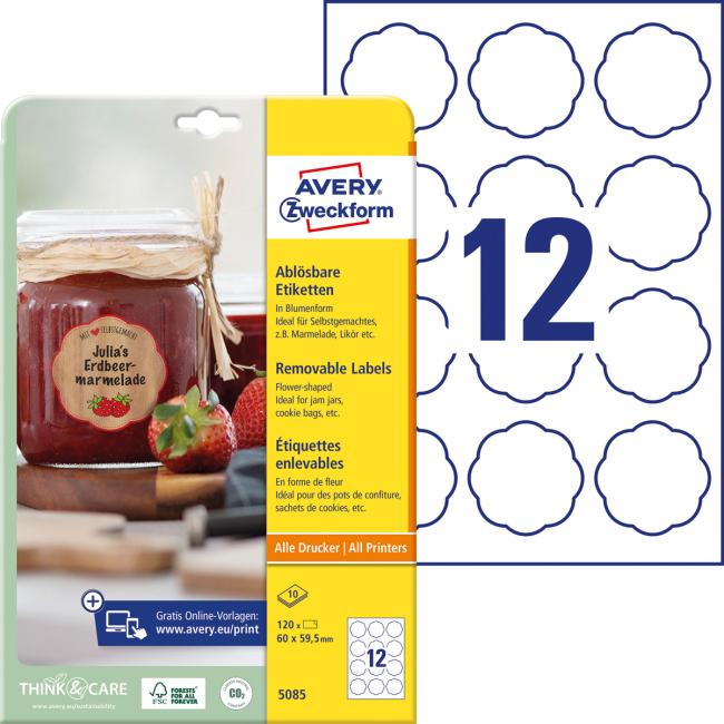 Etikety v tvare kvetu 60x59,5mm Avery 10 listov biele