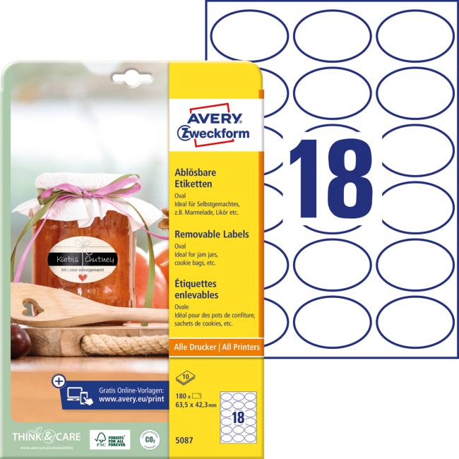 Labels oval 63.5x42.3mm Avery 10 sheets white