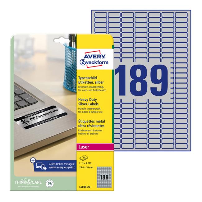 [AV600820] Etikety polyesterové veľmi odolné 25,4x10mm Avery A4 strieborné 20 hárkov