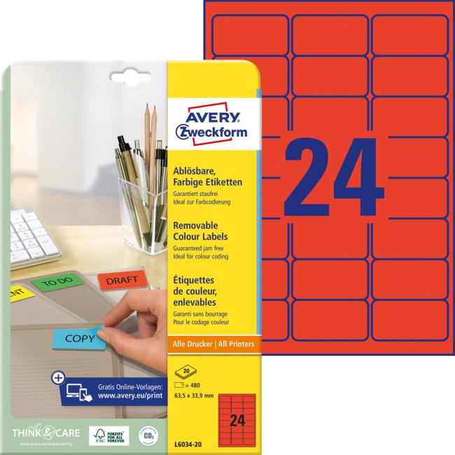 [AV603420] Avery removable labels 63.5x33.9 mm, red