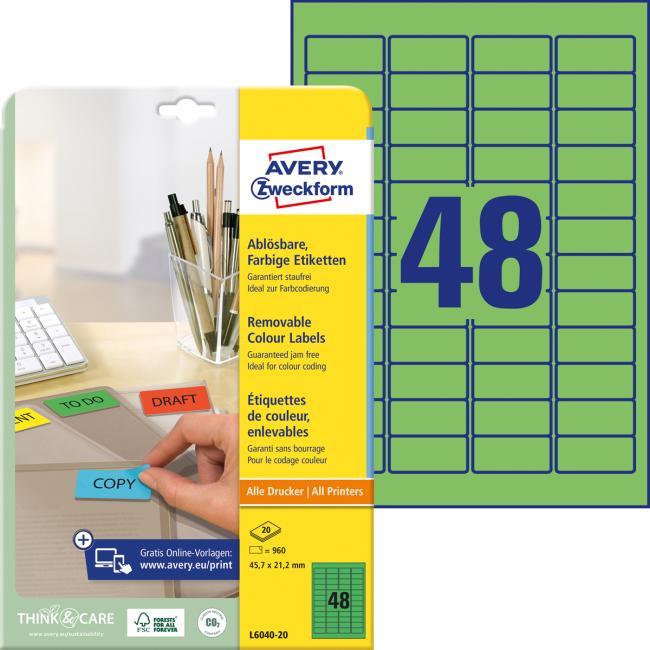 Avery removable labels 45.7x21.2 mm, green