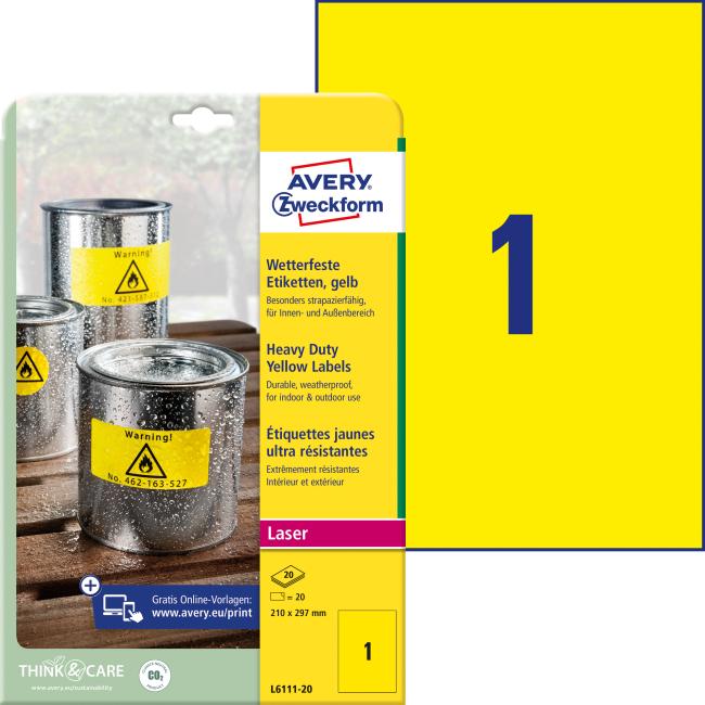 Very durable polyester labels 210x297mm Avery A4 yellow 20 sheets