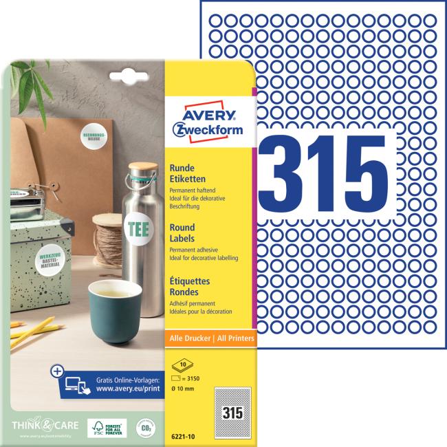Etikety univerzálne okrúhle 10mm Avery A4 10 listov