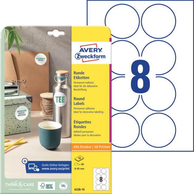 [AV622810] Labels universal round 69mm Avery A4 10 sheets