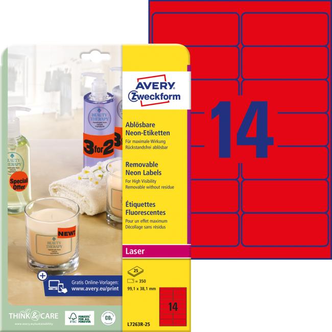[AV726325] Etikety Avery odnímateľné 99,1x38,1 mm neónové červené