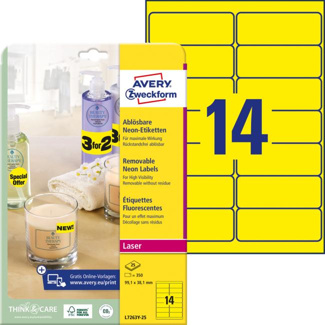 [AV726425] Avery removable labels 99.1x38.1 mm neon yellow