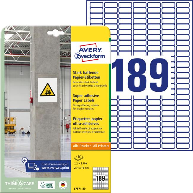 Labels universal 25.4x10mm Avery A4, strong adhesive 20 sheets