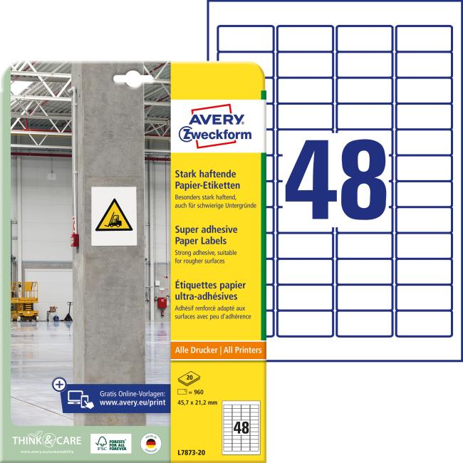 Universal labels 45.7x21.2mm Avery A4, strong adhesive 20 sheets