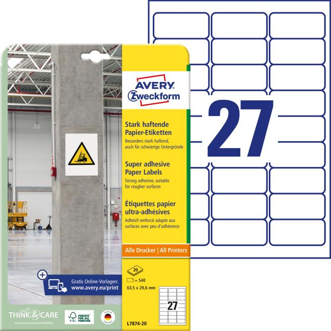 Universal labels 63.5x29.6mm Avery A4, strong adhesive 20 sheets