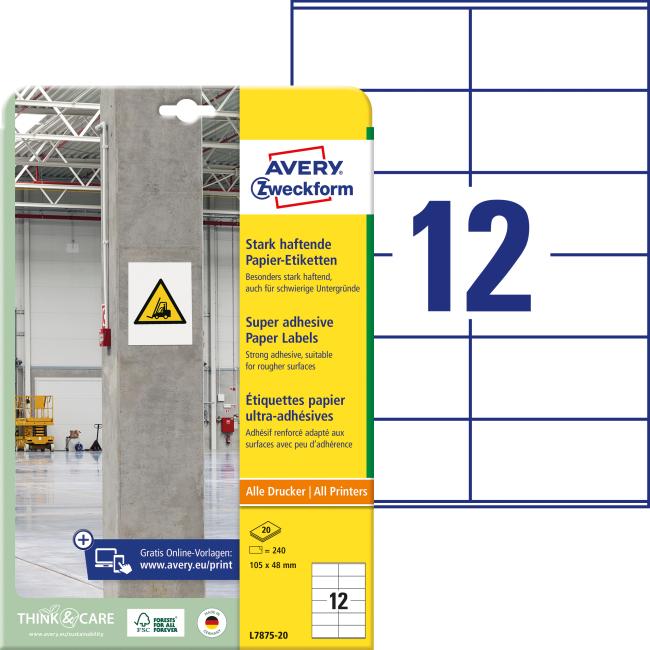 Etikety univerzálne 105x48mm Avery A4, silne lepiace 20 listov